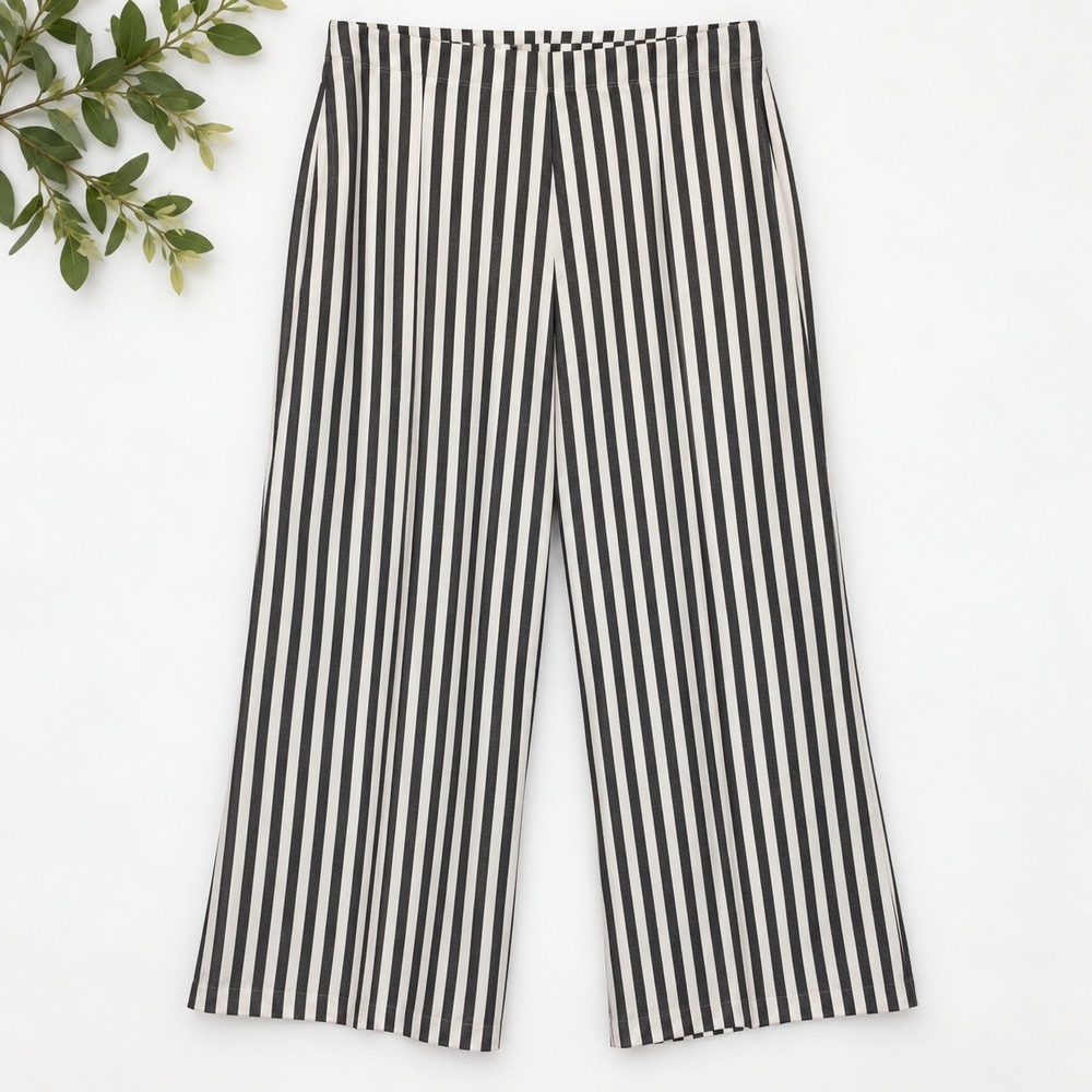 Karen Kane Wide Leg Pants Black White Striped Cropped Ribbed Knit Sz L Coastal